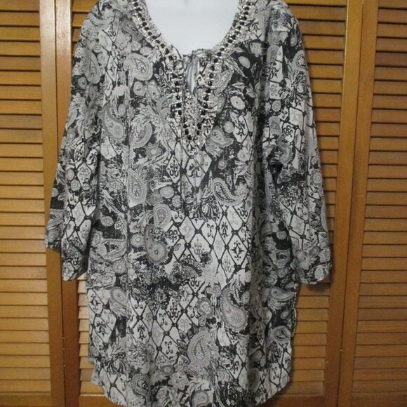 Avenue top black & gray V neck with bling lightweight tunic blouse size 22W - Picture 1 of 9